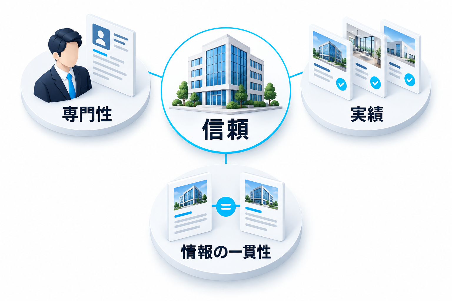 専門性、実績、情報の一貫性を信頼形成の判断材料として整理した図