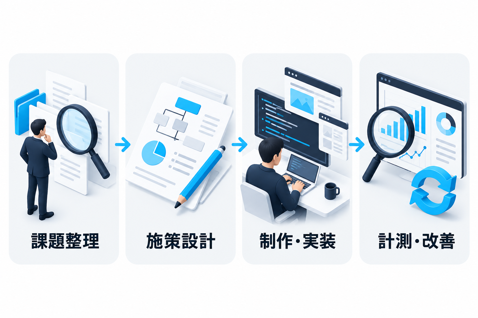 課題整理から施策設計、制作・実装、計測・改善までの支援工程