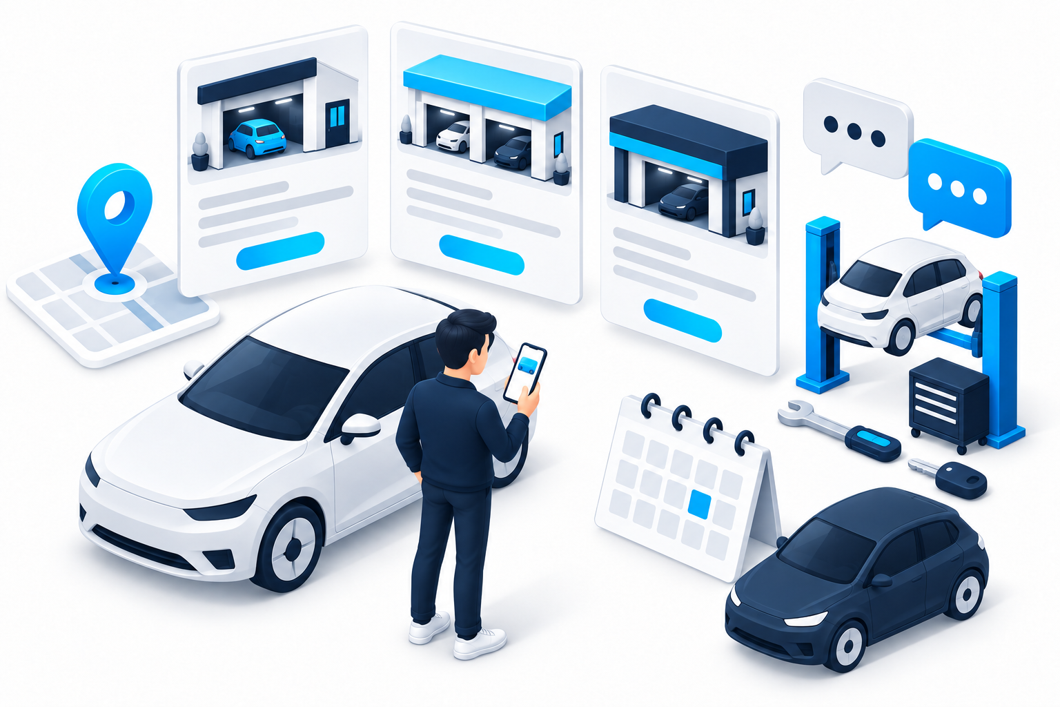 依頼を考える人が、扱う車種・料金の内訳・作業時間・資格と設備を比べて店舗を選ぶ様子