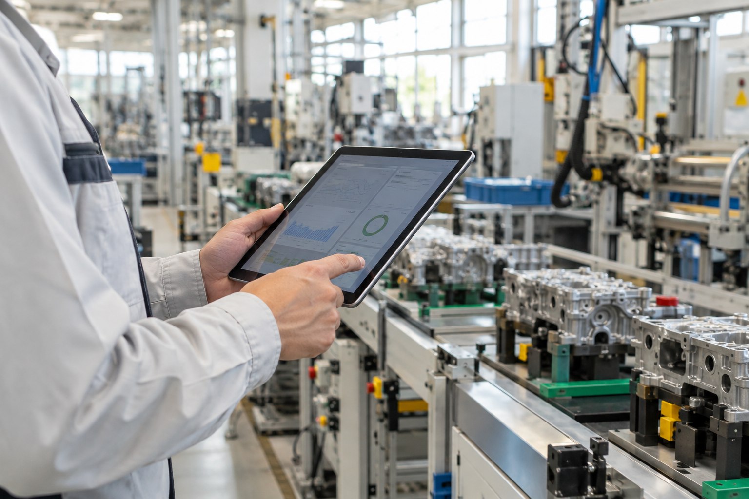 自然光が入る製造ラインでタブレットを操作する技術者の手元