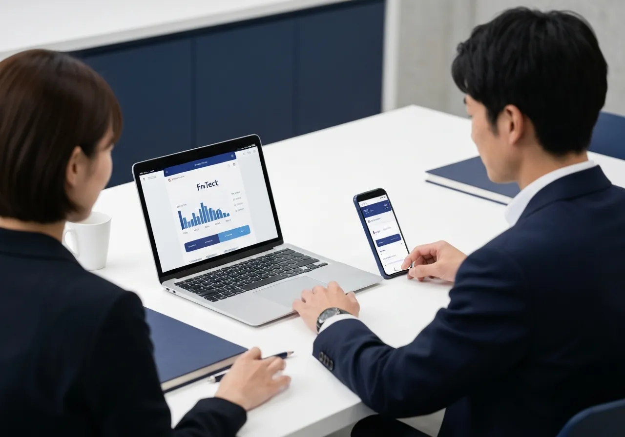 洗練されたFinTechアプリのUIを映すノートPCとスマートフォン、モダンなデスク環境