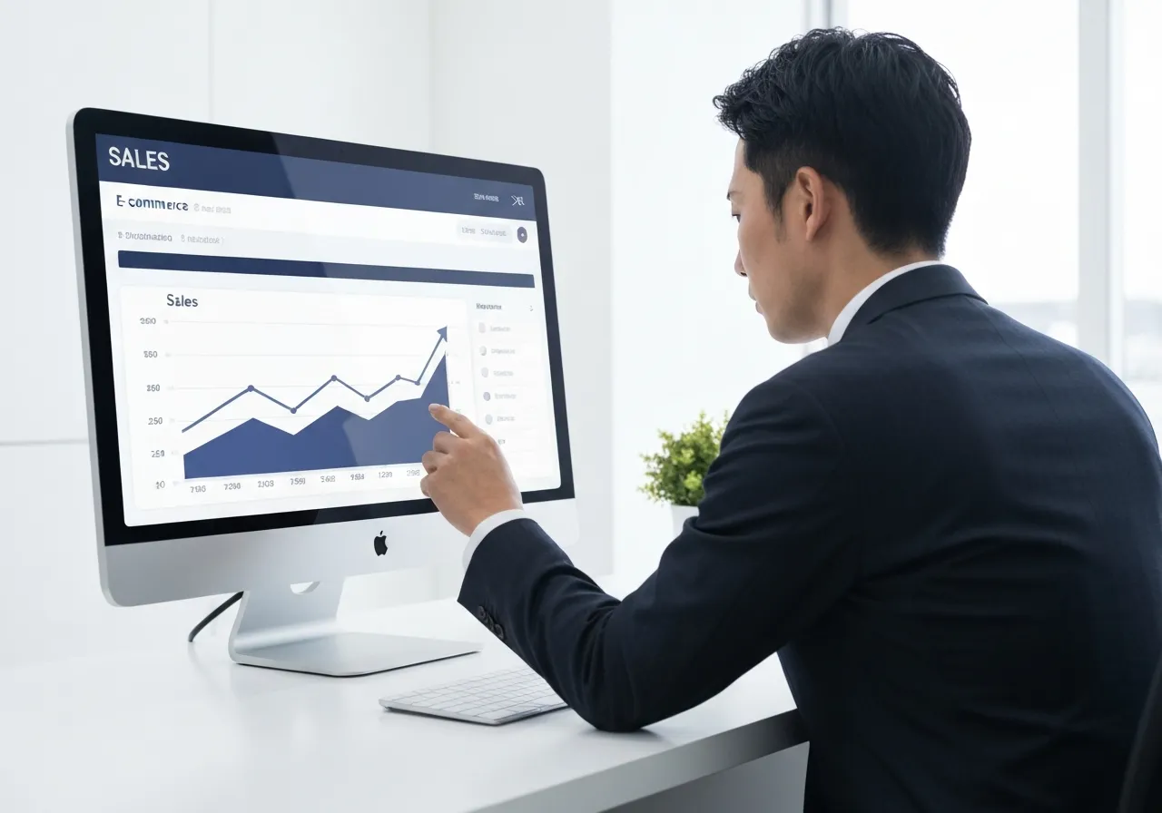 ECサイトの売上グラフが上昇するモニター画面、デジタルマーケティングの分析ダッシュボード
