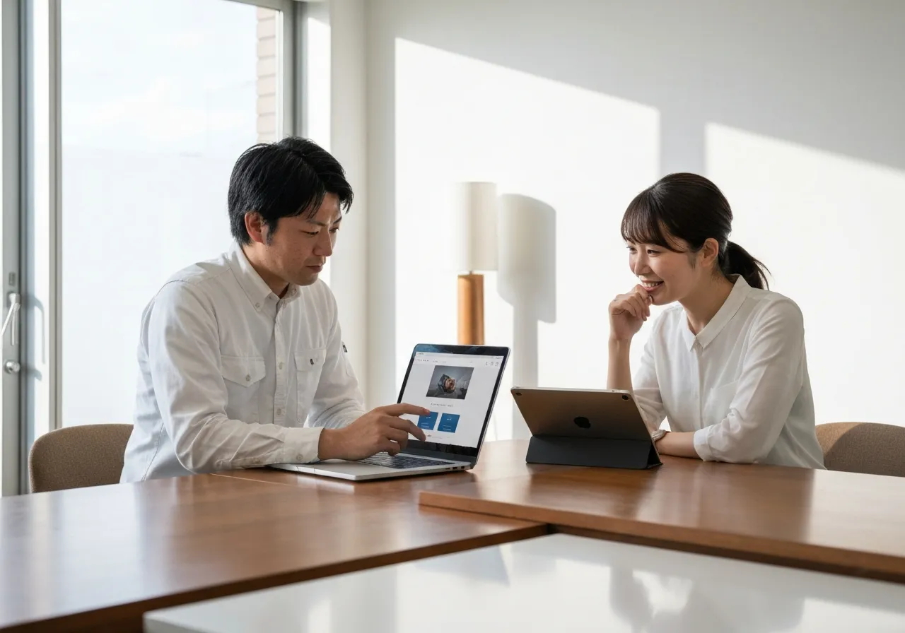 スマートなUIのWebアプリケーションをノートPCとタブレットで確認するエンジニアとクライアント、モダンなミーティングルーム