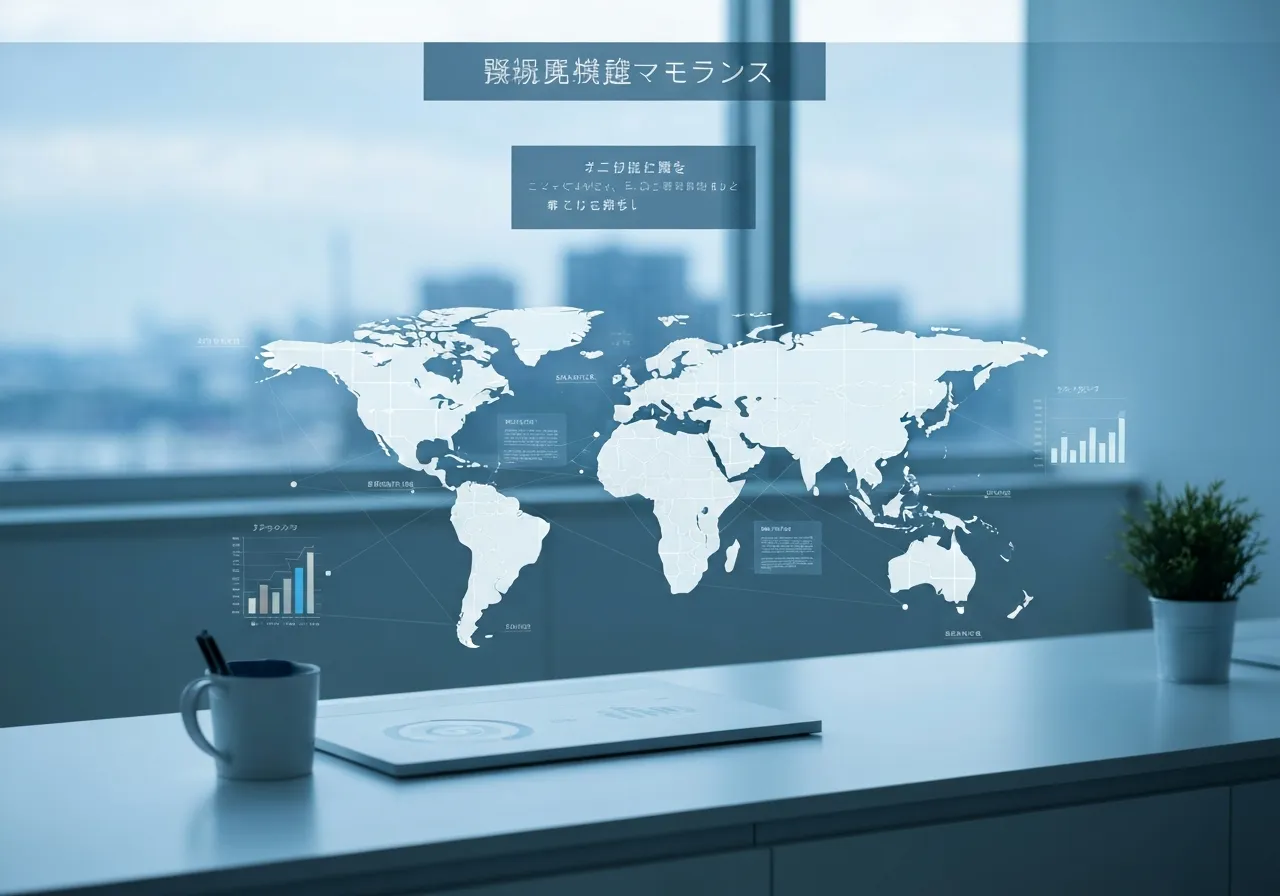 医療テクノロジーとグローバルネットワークをビジュアル化したデジタルマーケティングイメージ、世界地図とデータ可視化