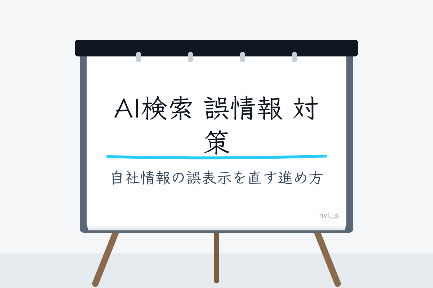 フリップボードに書かれた「AI検索 誤情報 対策｜自社情報の誤表示を直す進め方」の文字