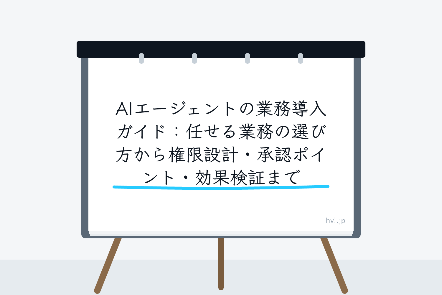 フリップボードに書かれた「AIエージェントの業務導入ガイド：任せる業務の選び方から権限設計・承認ポイント・効果検証まで」の文字