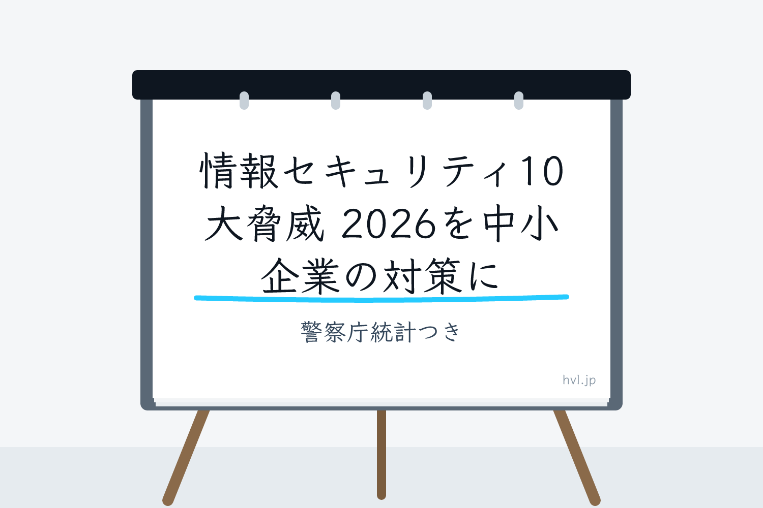 フリップボードに書かれた「情報セキュリティ10大脅威 2026を中小企業の対策に｜警察庁統計つき」の文字