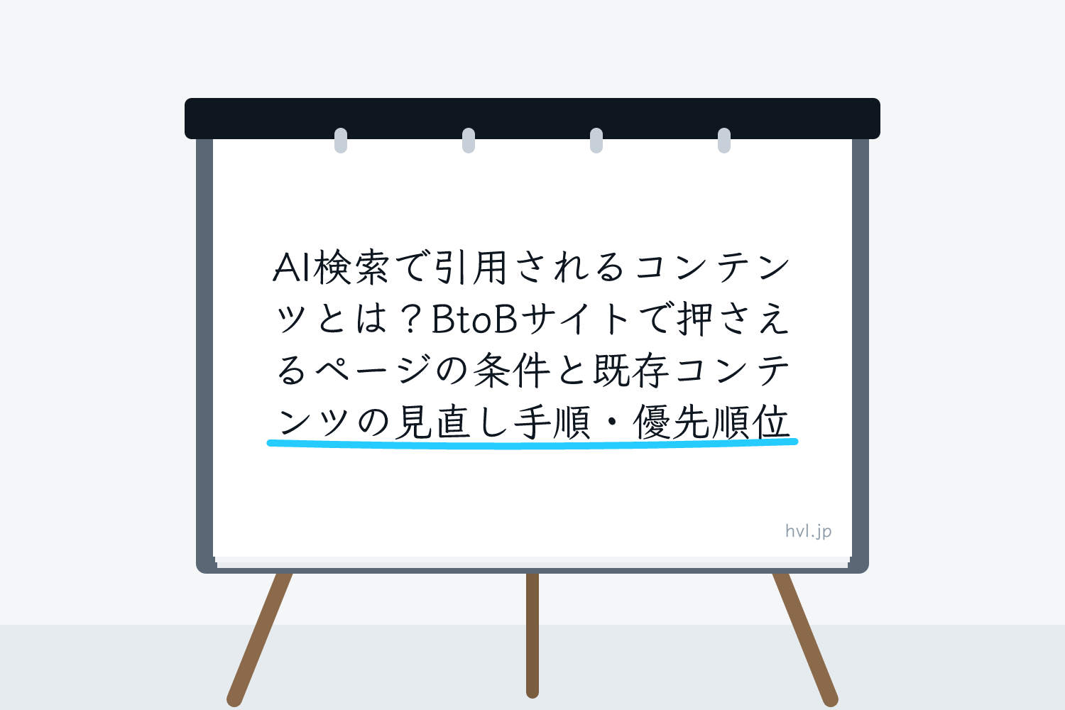 フリップボードに書かれた「AI検索で引用されるコンテンツとは？BtoBサイトで押さえるページの条件と既存コンテンツの見直し手順・優先順位」の文字