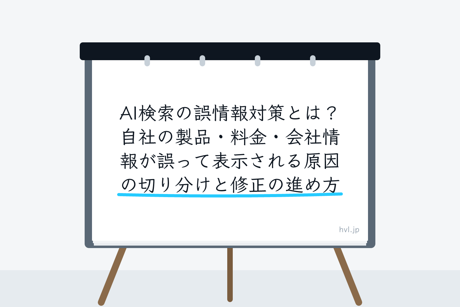 フリップボードに書かれた「AI検索の誤情報対策とは？自社の製品・料金・会社情報が誤って表示される原因の切り分けと修正の進め方」の文字