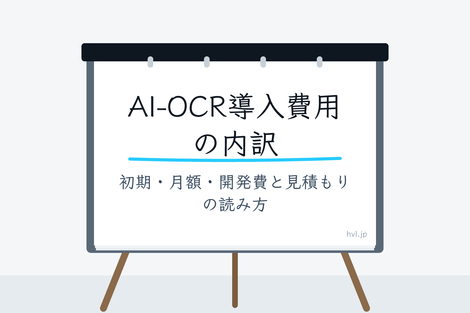 フリップボードに書かれた「AI-OCR導入費用の内訳｜初期・月額・開発費と見積もりの読み方」の文字