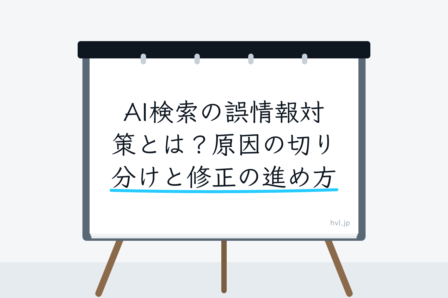 フリップボードに書かれた「AI検索の誤情報対策とは？原因の切り分けと修正の進め方」の文字