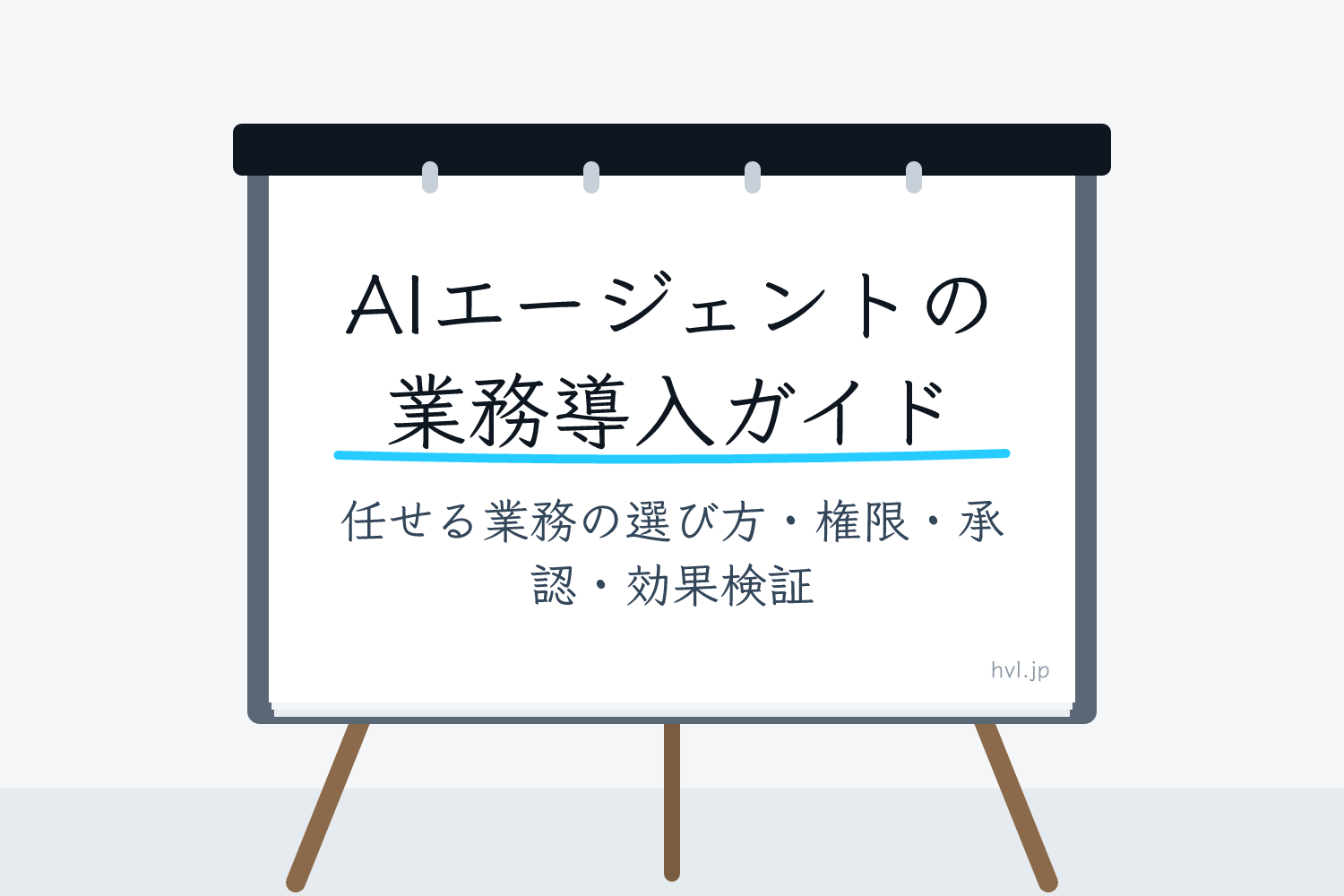 フリップボードに書かれた「AIエージェントの業務導入ガイド｜任せる業務の選び方・権限・承認・効果検証」の文字