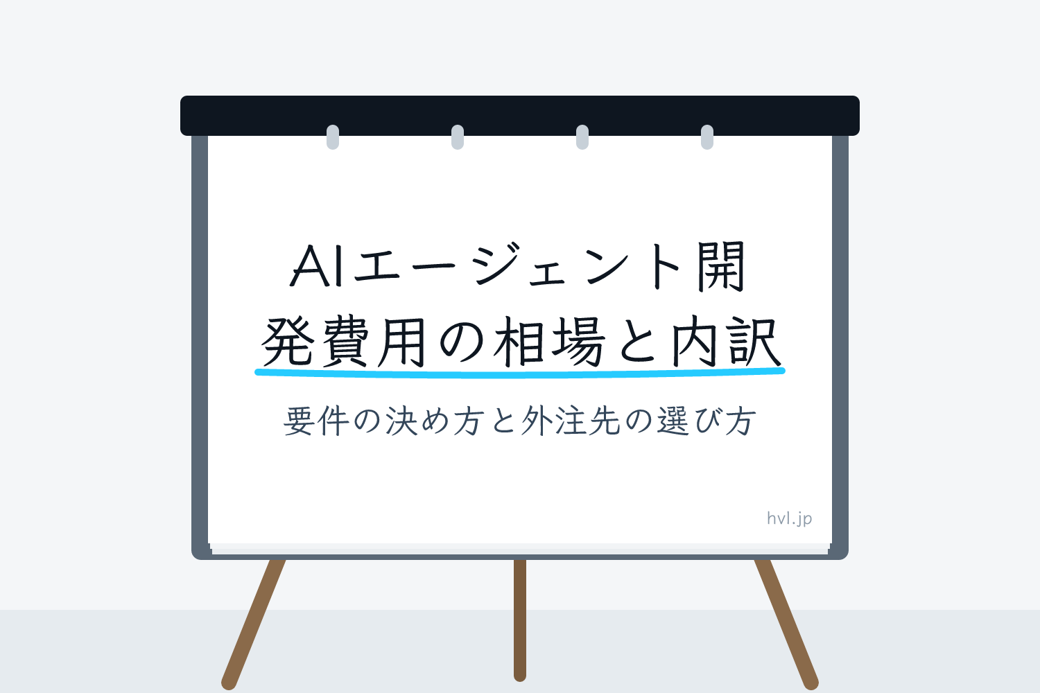 フリップボードに書かれた「AIエージェント開発費用の相場と内訳｜要件の決め方と外注先の選び方」の文字
