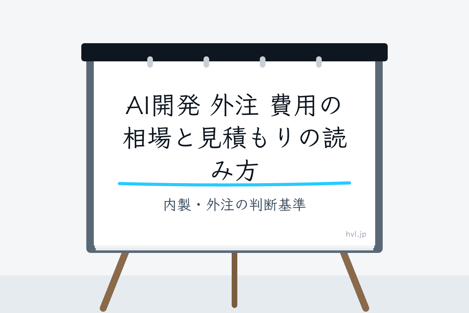 フリップボードに書かれた「AI開発 外注 費用の相場と見積もりの読み方｜内製・外注の判断基準」の文字