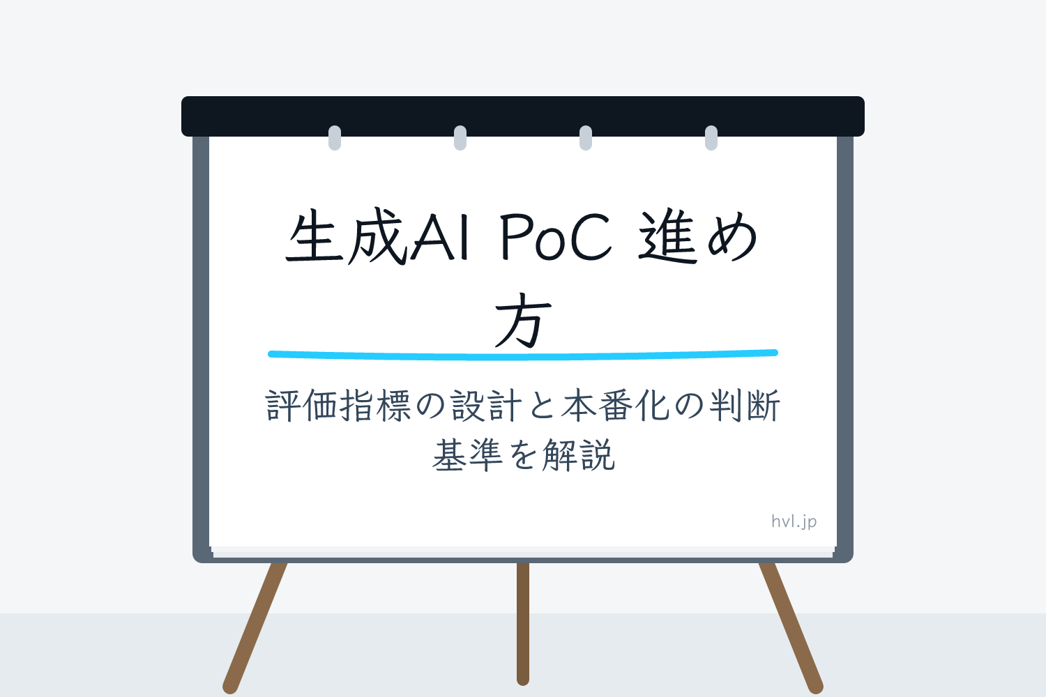フリップボードに書かれた「生成AI PoC 進め方｜評価指標の設計と本番化の判断基準を解説」の文字
