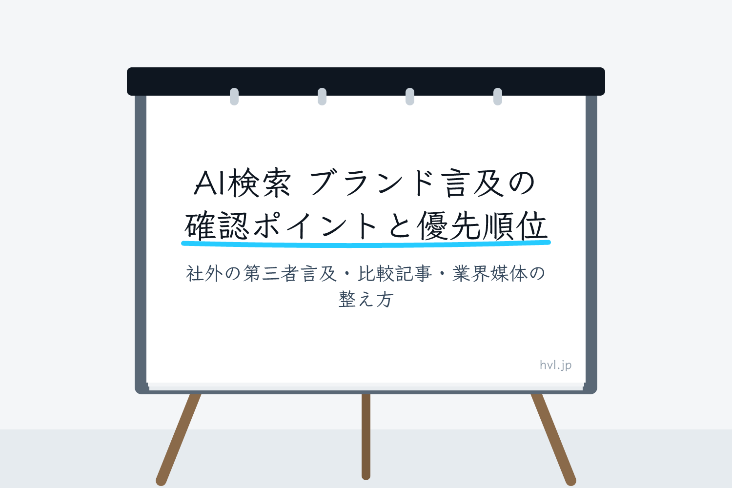 フリップボードに書かれた「AI検索 ブランド言及の確認ポイントと優先順位｜社外の第三者言及・比較記事・業界媒体の整え方」の文字
