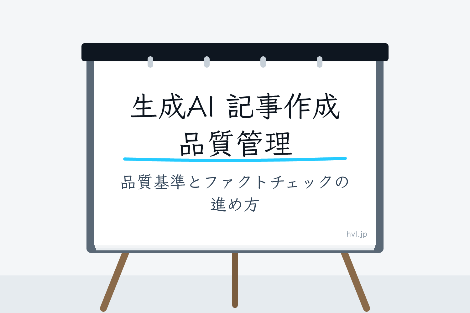 フリップボードに書かれた「生成AI 記事作成 品質管理｜品質基準とファクトチェックの進め方」の文字