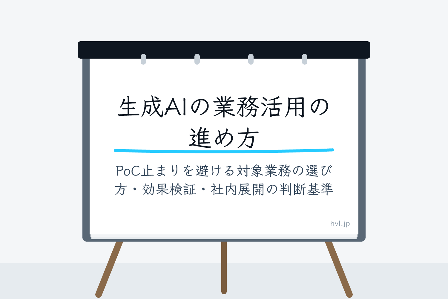 フリップボードに書かれた「生成AIの業務活用の進め方｜PoC止まりを避ける対象業務の選び方・効果検証・社内展開の判断基準」の文字