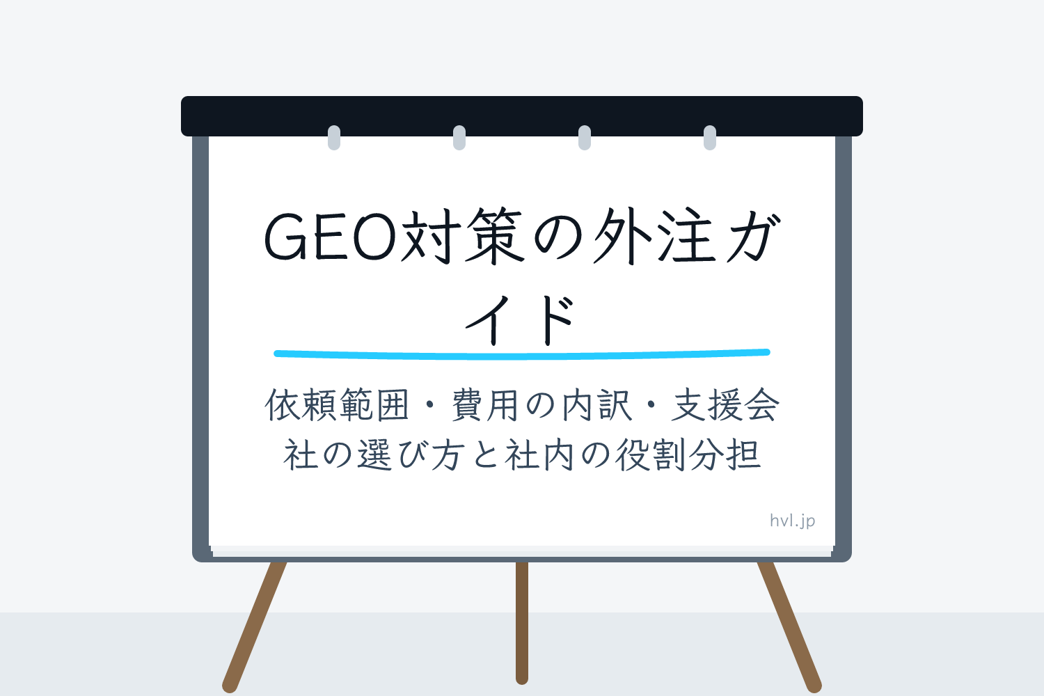 フリップボードに書かれた「GEO対策の外注ガイド｜依頼範囲・費用の内訳・支援会社の選び方と社内の役割分担」の文字