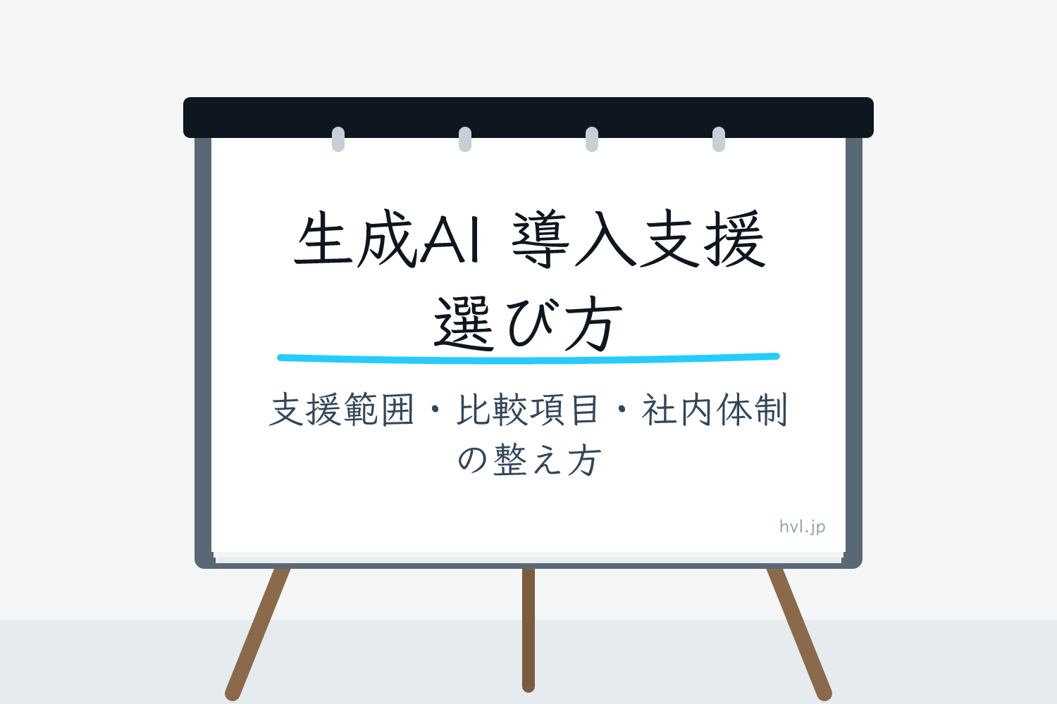 フリップボードに書かれた「生成AI 導入支援 選び方｜支援範囲・比較項目・社内体制の整え方」の文字