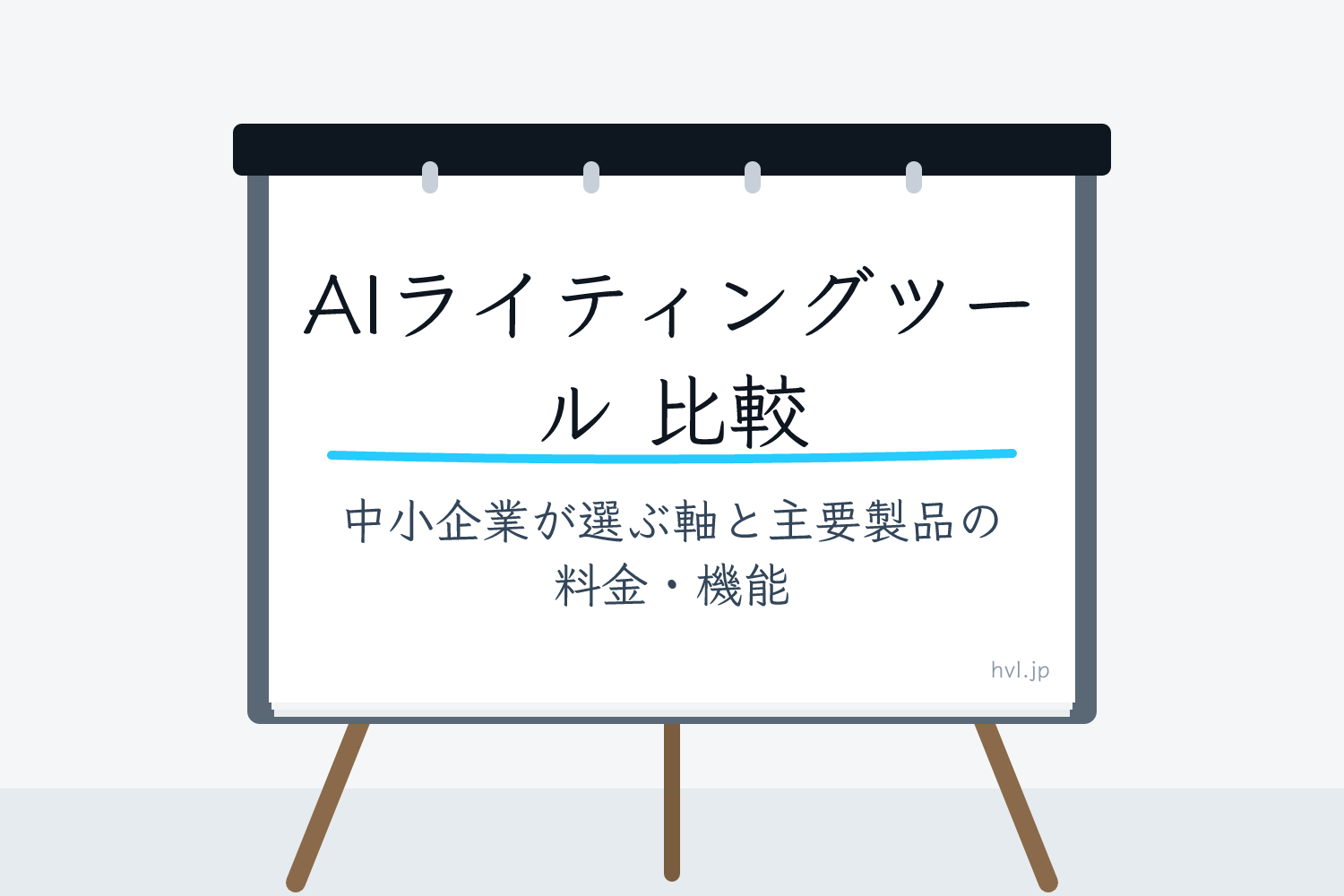フリップボードに書かれた「AIライティングツール 比較｜中小企業が選ぶ軸と主要製品の料金・機能」の文字
