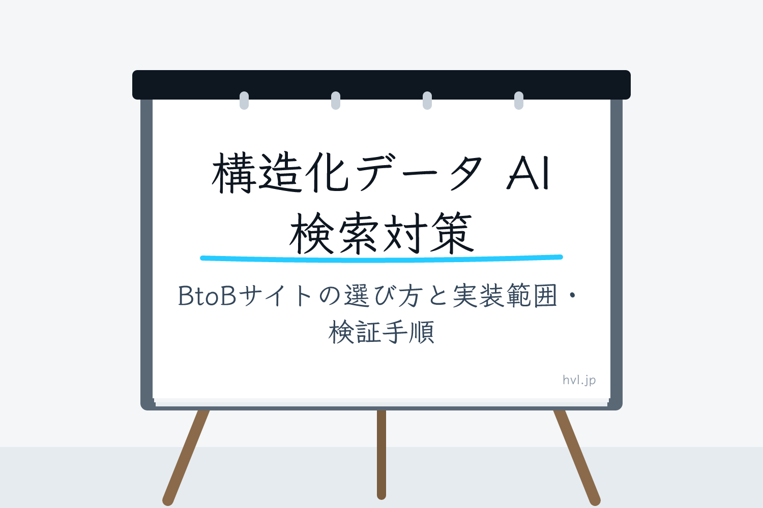 フリップボードに書かれた「構造化データ AI検索対策｜BtoBサイトの選び方と実装範囲・検証手順」の文字